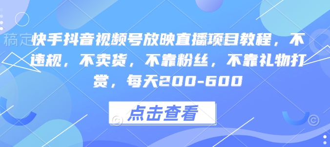 快手抖音视频号放映直播项目教程，不违规，不卖货，不靠粉丝，不靠礼物打赏，每天200-600-89网创