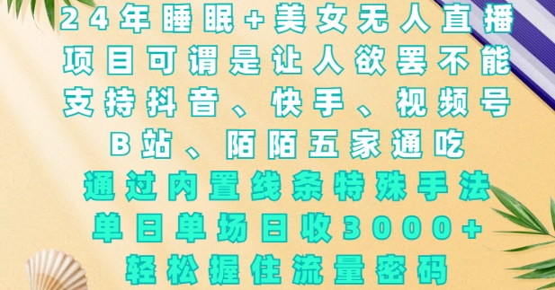 2024年睡眠+美女无人直播，通过内置线条特殊手法，单场日收3k+，轻松握住流量密码【揭秘】-89网创