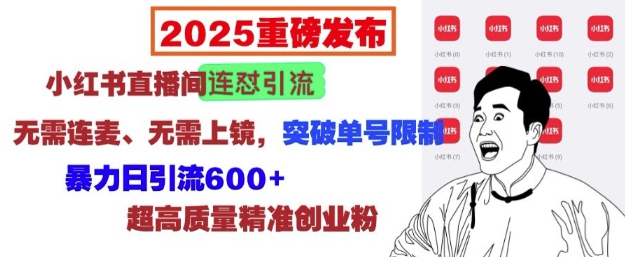 2025重磅发布：小红书直播间连怼引流，无需连麦、无需上镜，突破单号限制，暴力日引流600+-89网创