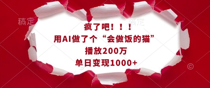 疯了吧！用AI做了个“会做饭的猫”，播放200万，单日变现1k-89网创