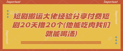 短剧搬运大佬经验分享付费短剧20天撸20个(他能吃肉我们就能喝汤)-89网创