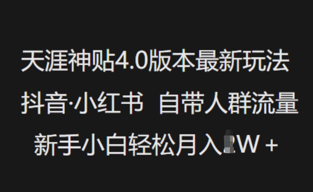 天涯神贴4.0版本最新玩法，抖音·小红书自带人群流量，新手小白轻松月入过W-89网创