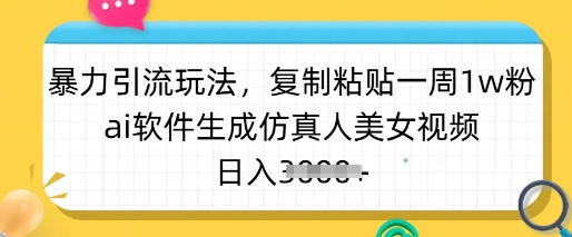 暴力引流玩法，复制粘贴一周1w粉，ai软件生成仿真人美女视频，日入多张-89网创