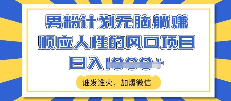 男粉计划无脑躺Z，顺应人性的风口项目，谁发谁火，加爆微信，日入多张【揭秘】-89网创