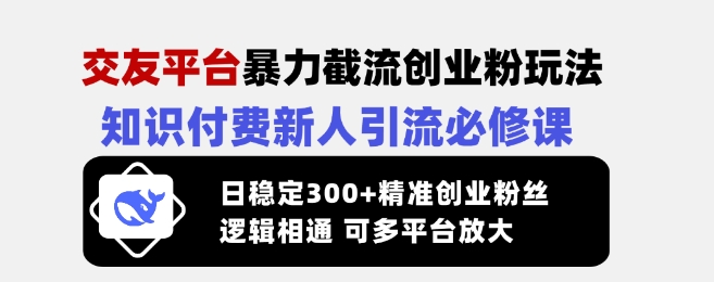 交友平台暴力截流创业粉玩法，知识付费新人引流必修课，日稳定300+精准创业粉丝，逻辑相通可多平台放大-89网创