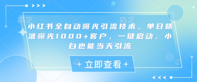 小红书全自动曝光引流技术，单日精准曝光1000+客户，一键启动，小白也能当天引流【揭秘】-89网创