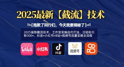 2025最新截流技术，工作室实操迭代打法，日轻松引粉300+，抖音+小红书+B站+视频号流量实操全流程-89网创