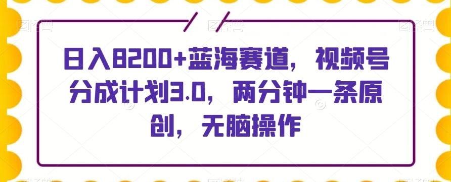 日入8200+蓝海赛道，视频号分成计划3.0，两分钟一条原创，无脑操作-89网创