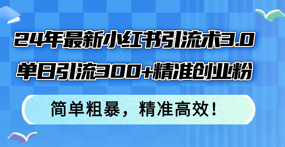 24年最新小红书引流术3.0，单日引流300+精准创业粉，简单粗暴，精准高效！-89网创