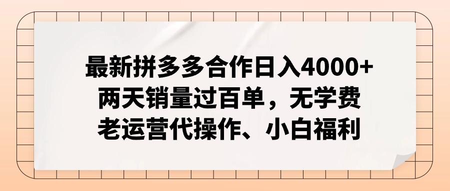 拼多多最新合作日入4000+两天销量过百单，无学费、老运营代操作、小白福利-89网创