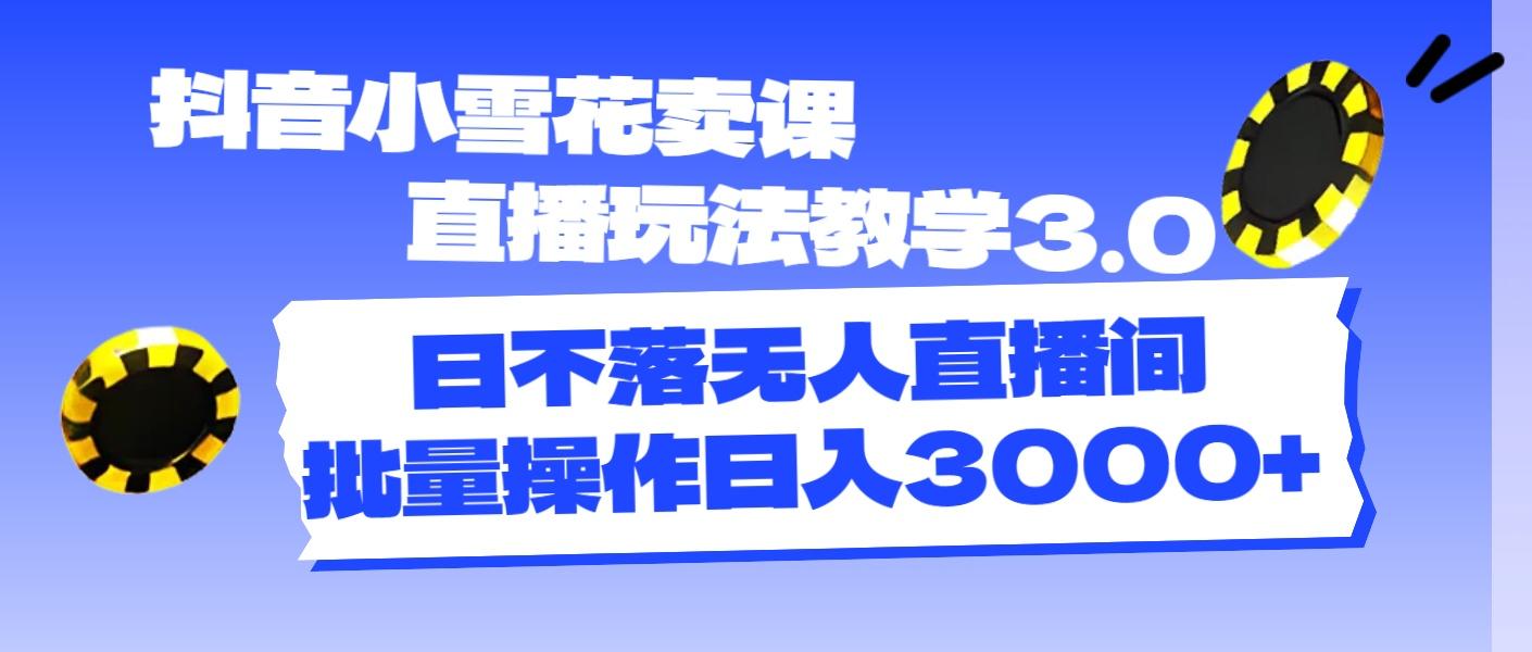 抖音小雪花卖课直播玩法教学3.0，日不落无人直播间，批量操作日入3000+-89网创