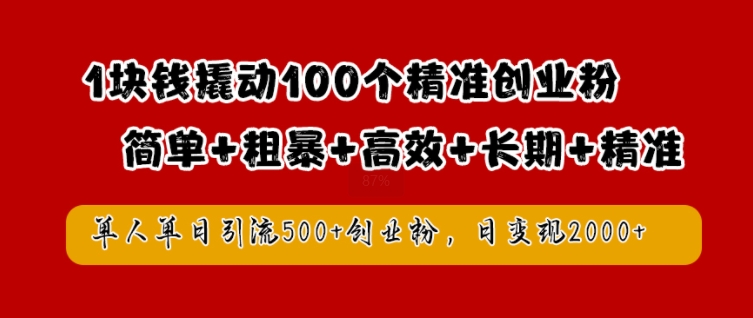 1块钱撬动100个精准创业粉，简单粗暴高效长期精准，单人单日引流500+创业粉，日变现2k【揭秘】-89网创