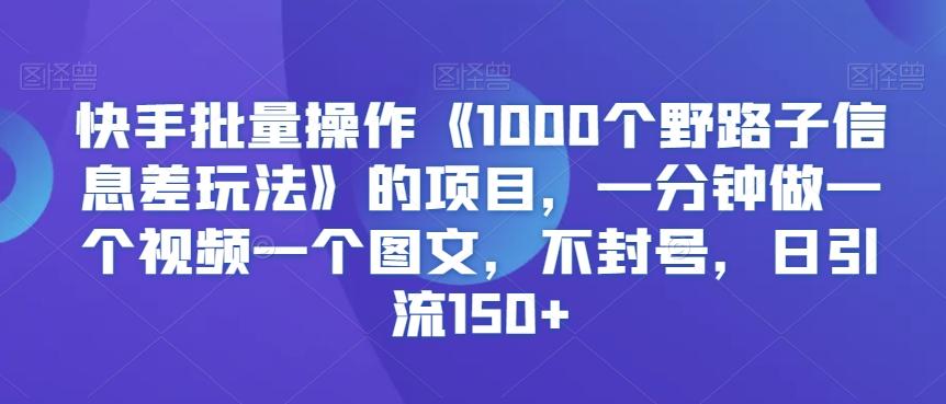 快手批量操作《1000个野路子信息差玩法》的项目，一分钟做一个视频一个图文，不封号，日引流150+【揭秘】-89网创