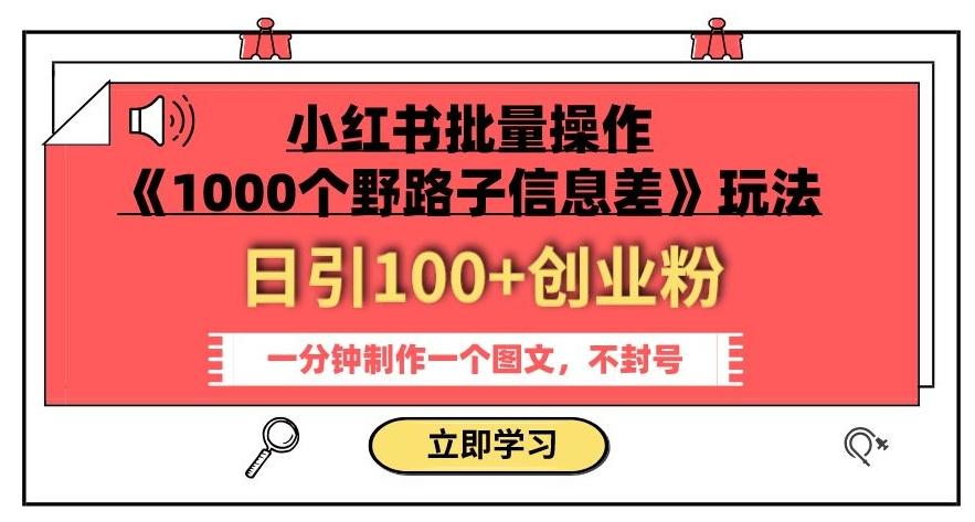 小红书批量操作《1000个野路子信息差》玩法，一分钟制作一个图文，不封号，日引100+创业粉-89网创