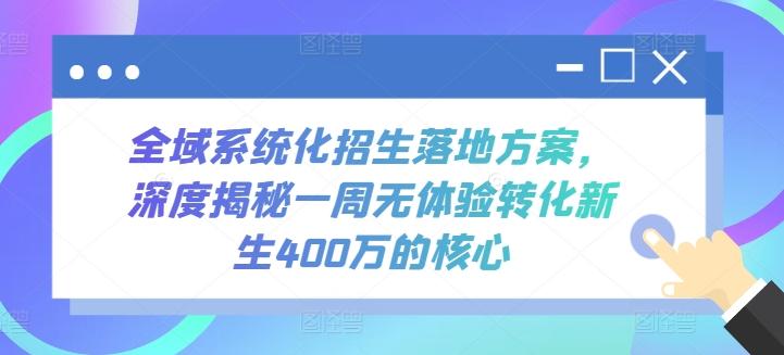 全域系统化招生落地方案，深度揭秘一周无体验转化新生400万的核心-89网创