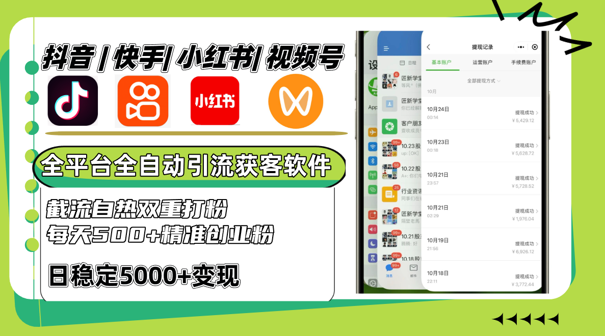 抖音快手小红书视频号全平台全自动引流获客系统，截流自热双重打粉，每天500+精准粉-89网创