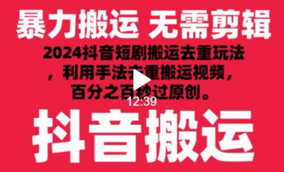2024最新抖音搬运技术，抖音短剧视频去重，手法搬运，利用工具去重，达到秒过原创的效果【揭秘】-89网创