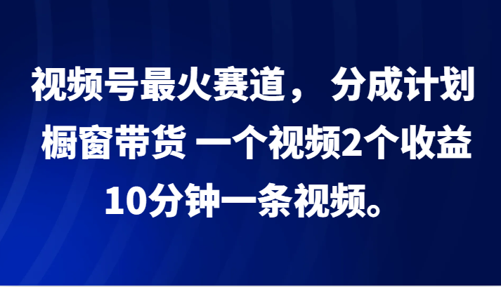 视频号最火赛道， 分成计划， 橱窗带货，一个视频2个收益，10分钟一条视频。-89网创