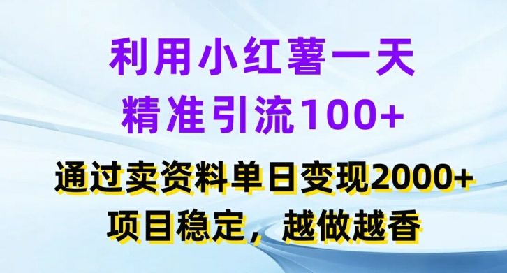 利用小红书一天精准引流100+，通过卖项目单日变现2k+，项目稳定，越做越香【揭秘】-89网创