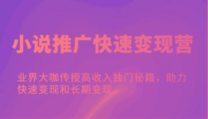小说推广快速变现营-业界大咖传授高收入独门秘籍，助力快速变现和长期变现。-89网创