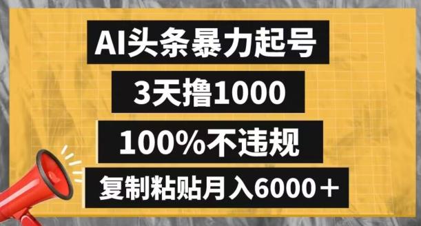 AI头条暴力起号，3天撸1000,100%不违规，复制粘贴月入6000＋【揭秘】-89网创