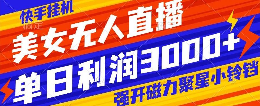 快手挂机，美女无人直播，强开磁力聚星小铃铛，日入3000+-89网创