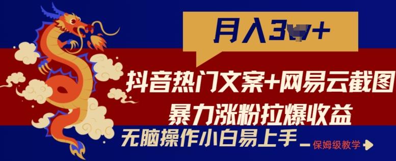 抖音热门文案+网易云截图暴力涨粉拉爆收益玩法，小白无脑操作，简单易上手【揭秘】-89网创
