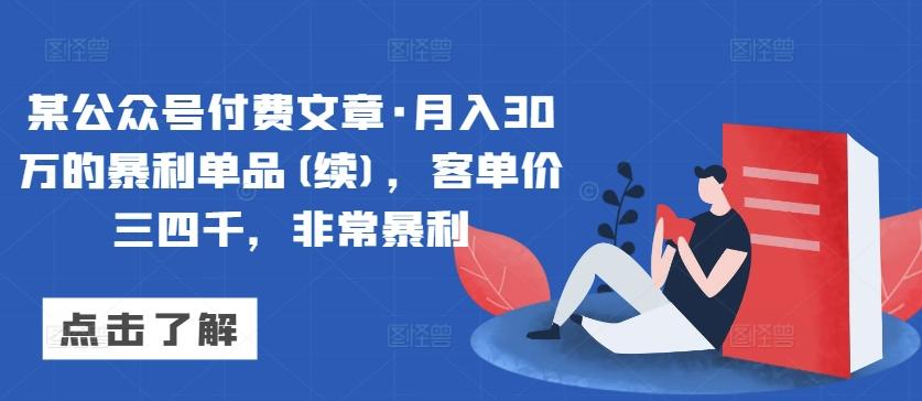 某公众号付费文章·月入30万的暴利单品(续)，客单价三四千，非常暴利-89网创