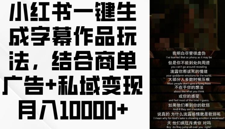 小红书一键生成字幕作品玩法，结合商单广告+私域变现月入1w+【揭秘】-89网创