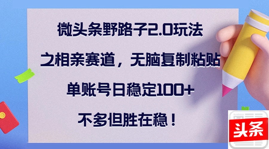微头条野路子2.0玩法之相亲赛道，无脑复制粘贴，单账号日稳定100+，不…-89网创